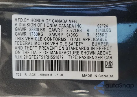 2024 Honda Civic Sport z USA, uszkodzony, nr VIN 2HGFE2F51RH551879